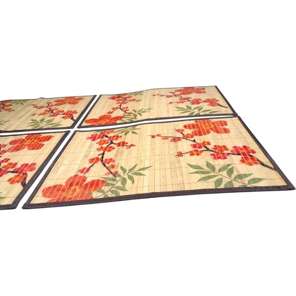 Set of 4 Placemats Asian Style Bamboo Cherry Blossoms Border Japanese 13x19" - Picture 7 of 11